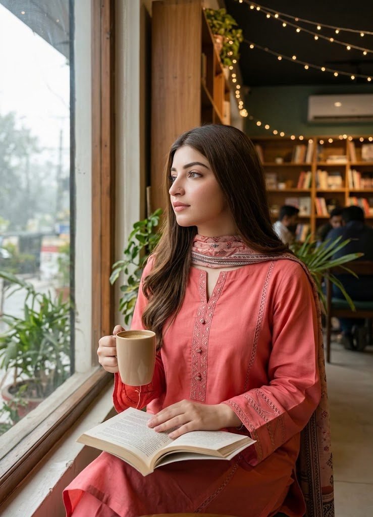 Coral Outfit at a Book Café