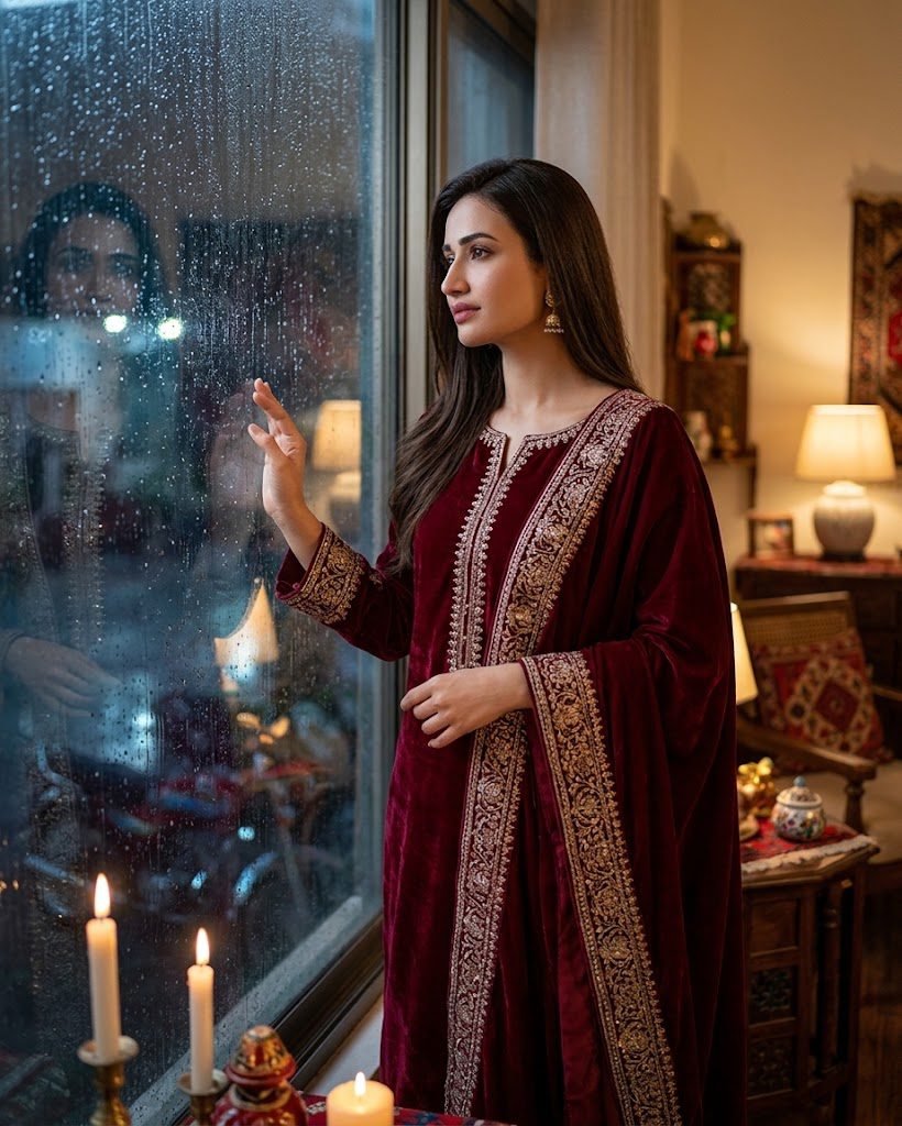 Wine Red Rainy Window Portrait