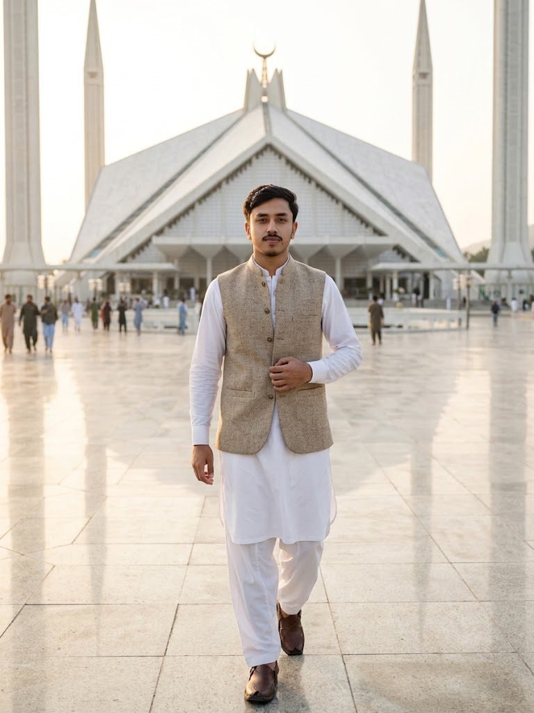 White Shalwar Kameez at Faisal Mosque