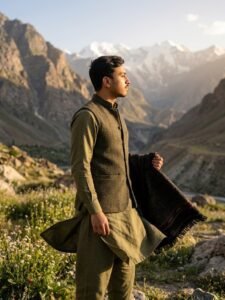 Olive Green Shalwar Kameez in a Mountain Valley
