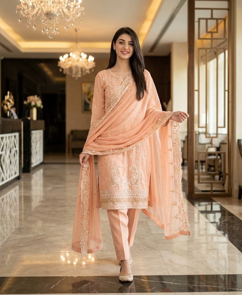 Peach Saree-Style Dupatta