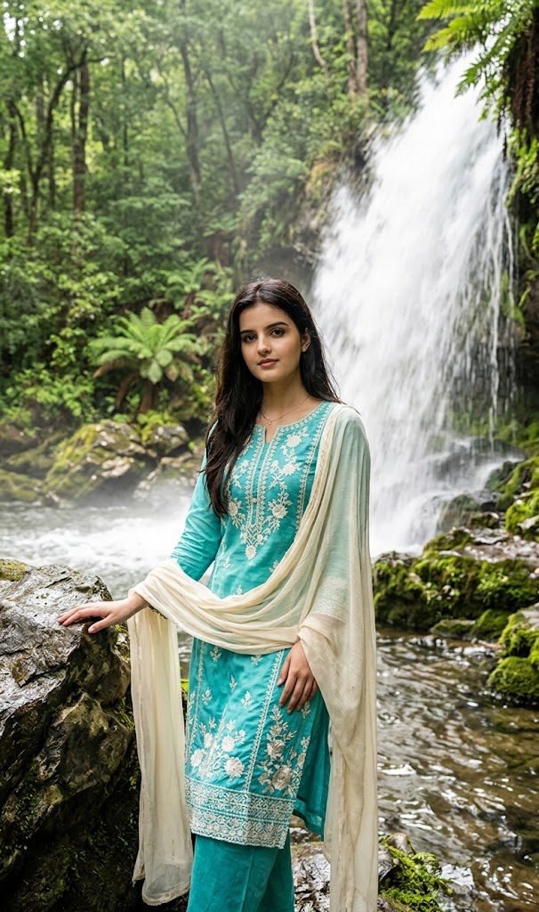 Turquoise Outfit at a Waterfall