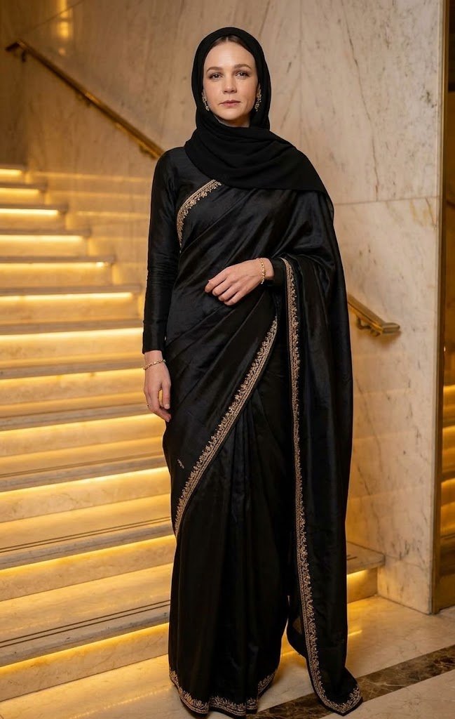 Royal Black Saree with Elegant Hijab