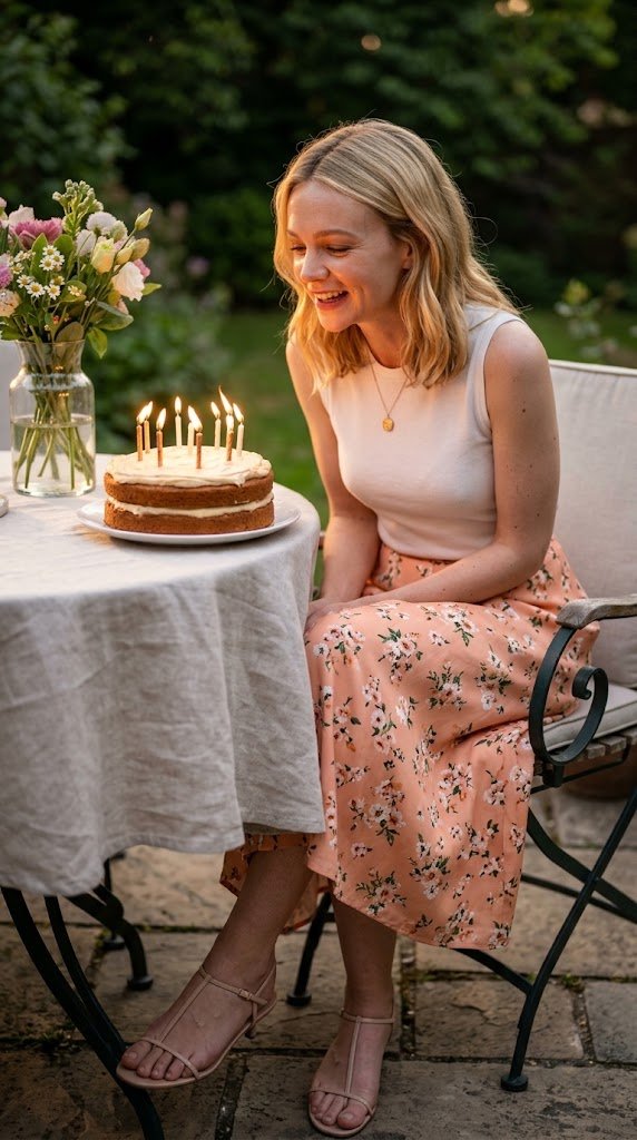 Peach Floral Skirt and Birthday Cake