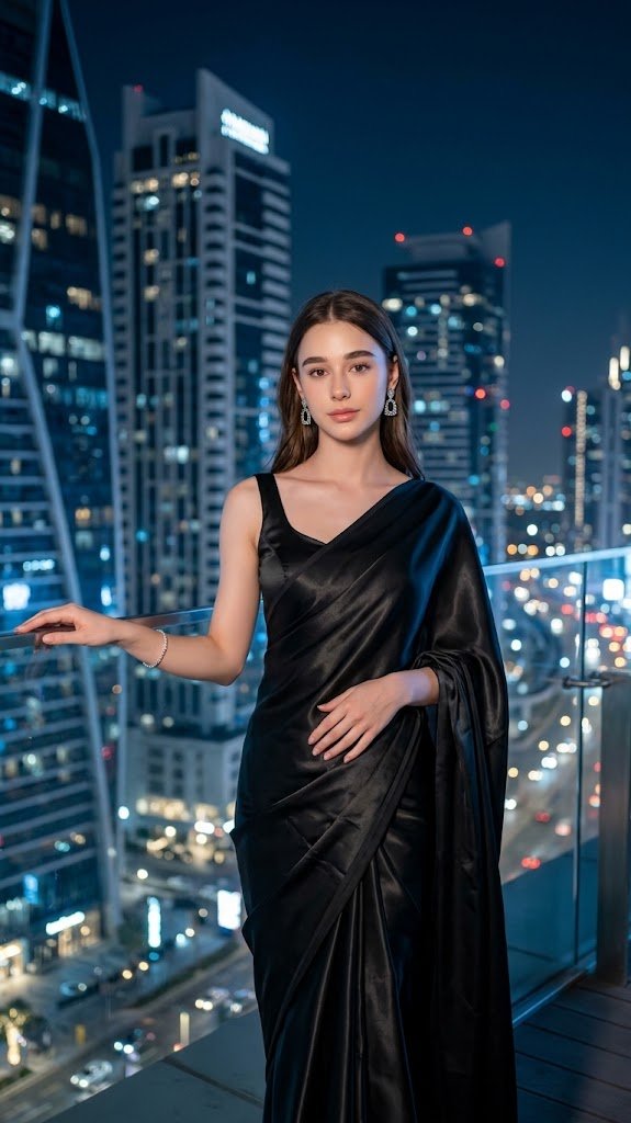 Black Satin Saree Night Glamour