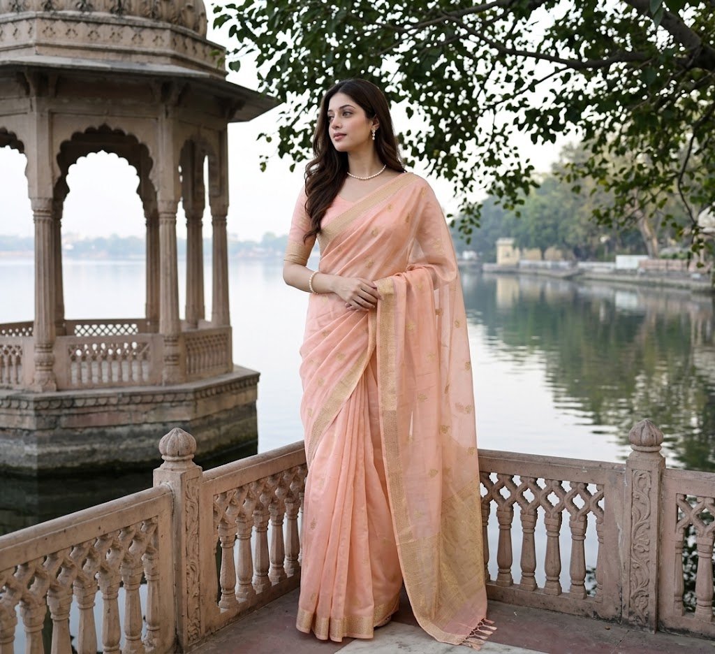 Pastel Peach Chanderi Saree — Soft Elegance