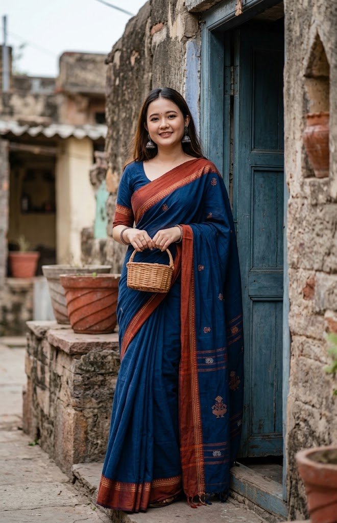 Indigo Handloom Saree — Artistic Heritage Look