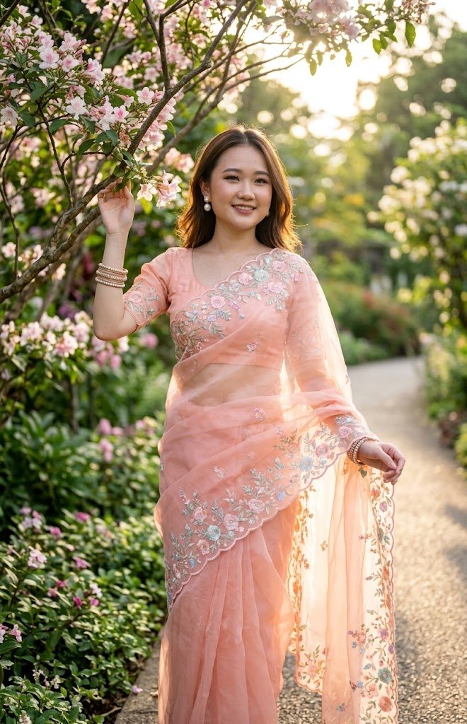 Peach Floral Organza Saree — Garden Romance