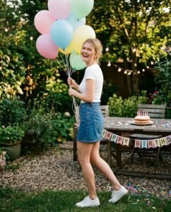 Denim Mini Skirt and Birthday Balloons