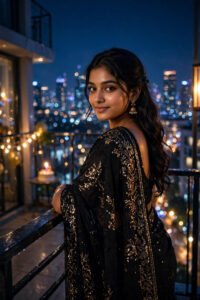 City Lights Balcony Birthday: Black & Gold Saree AI Portrait