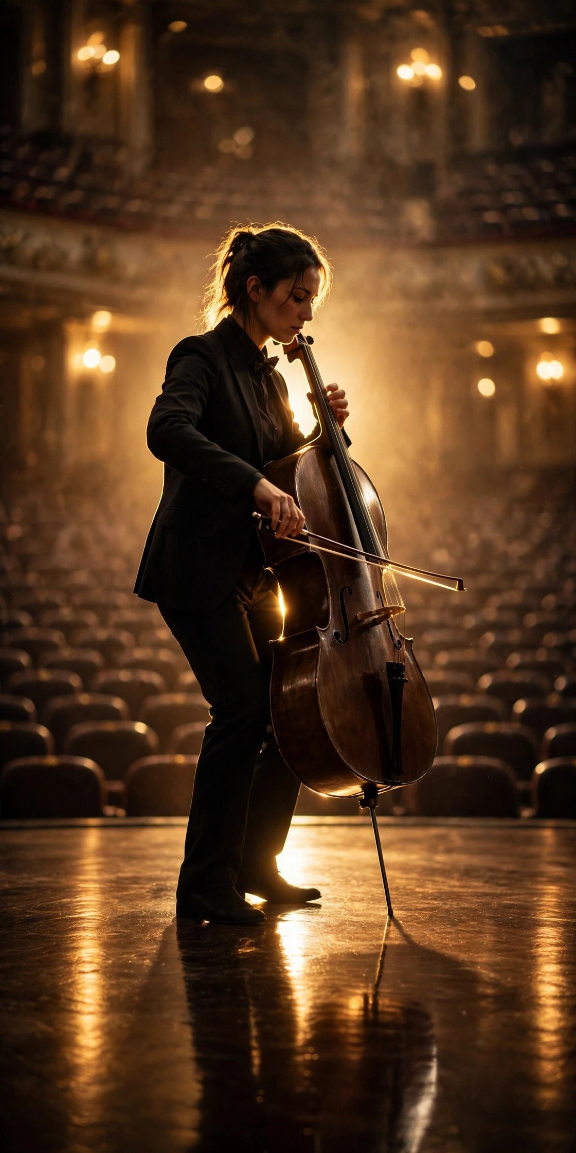 Cellist performing on a grand concert hall stage