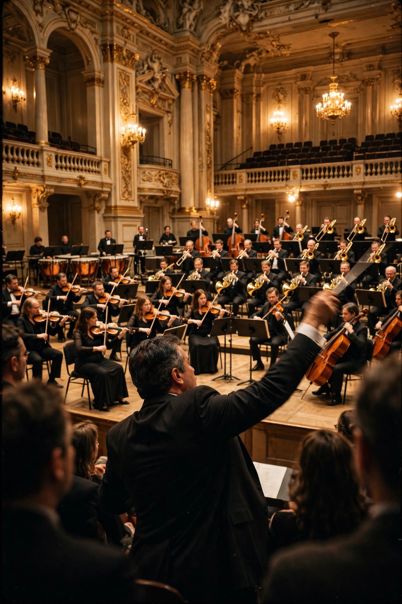 Full orchestra mid-performance in a grand hall