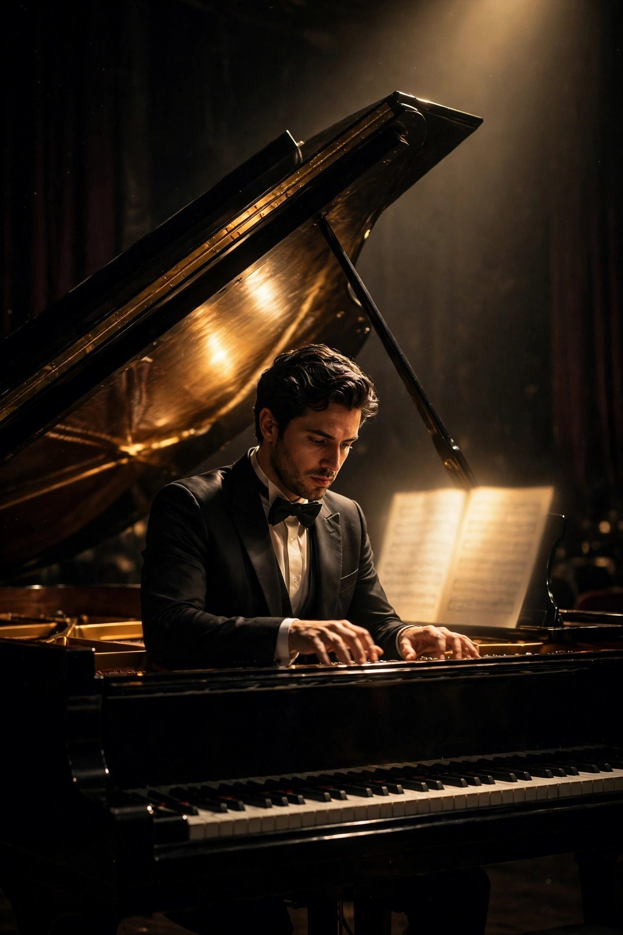 Pianist under a single spotlight at a grand piano