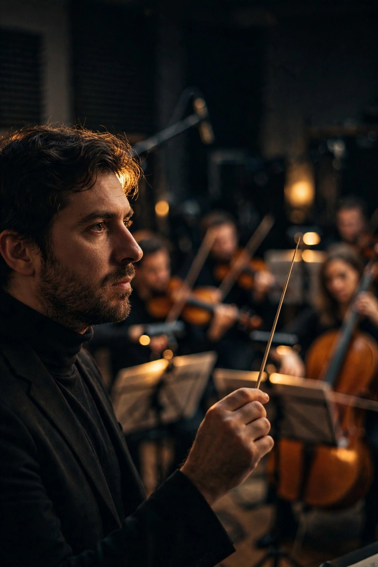 Composer conducting a small string section in a studio