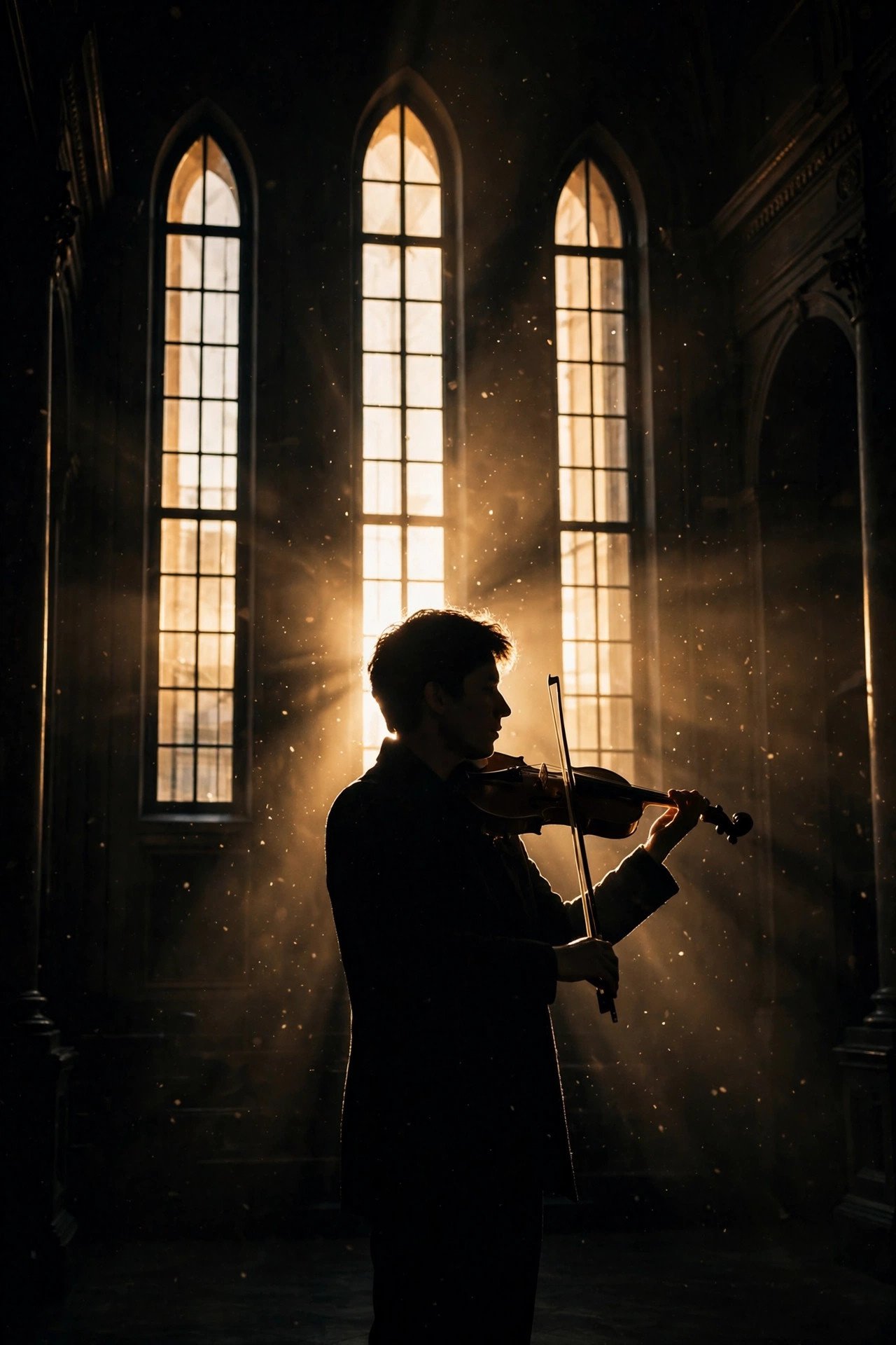 Solo violinist in silhouette against tall hall windows