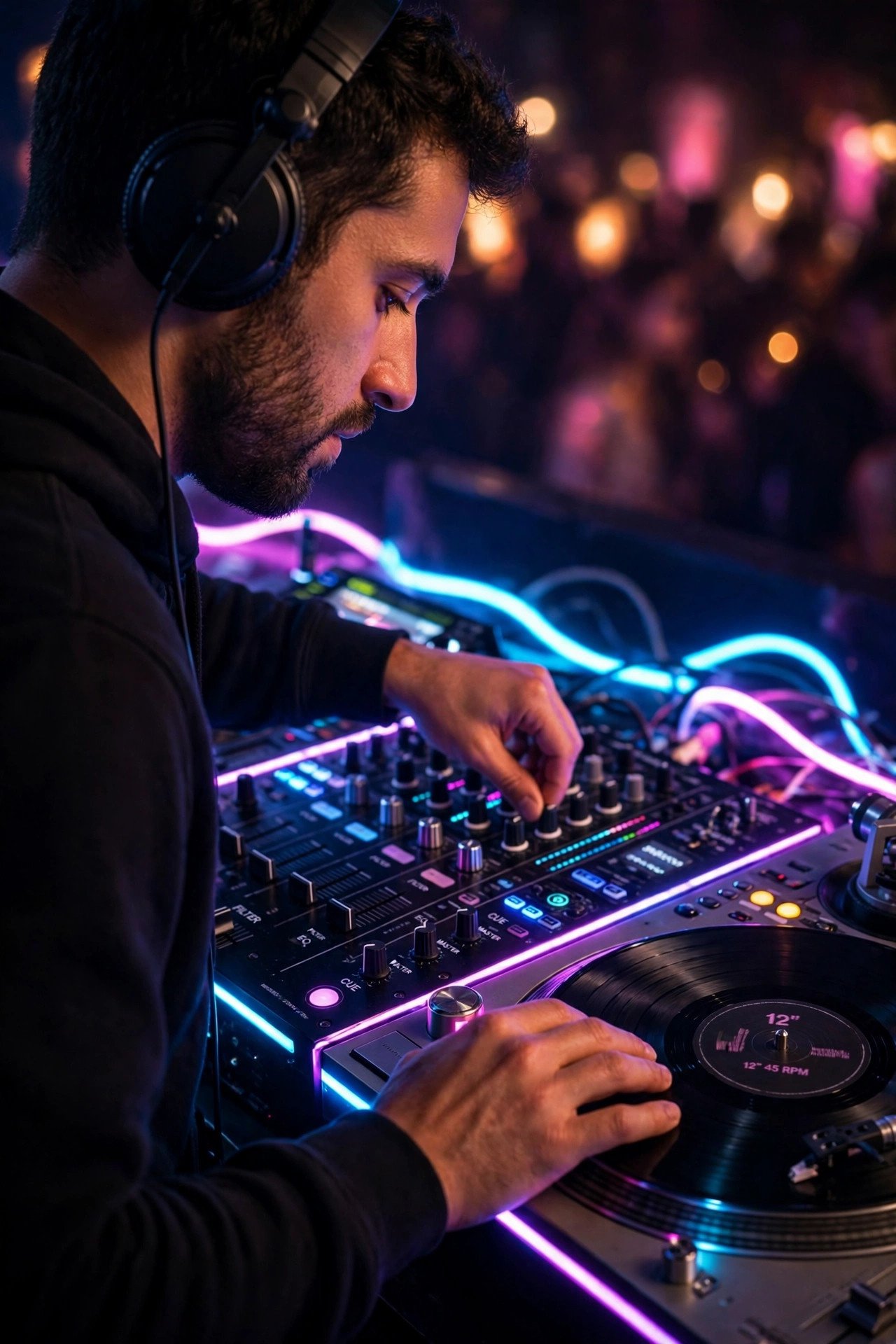 DJ mixing at the decks, seen over the shoulder