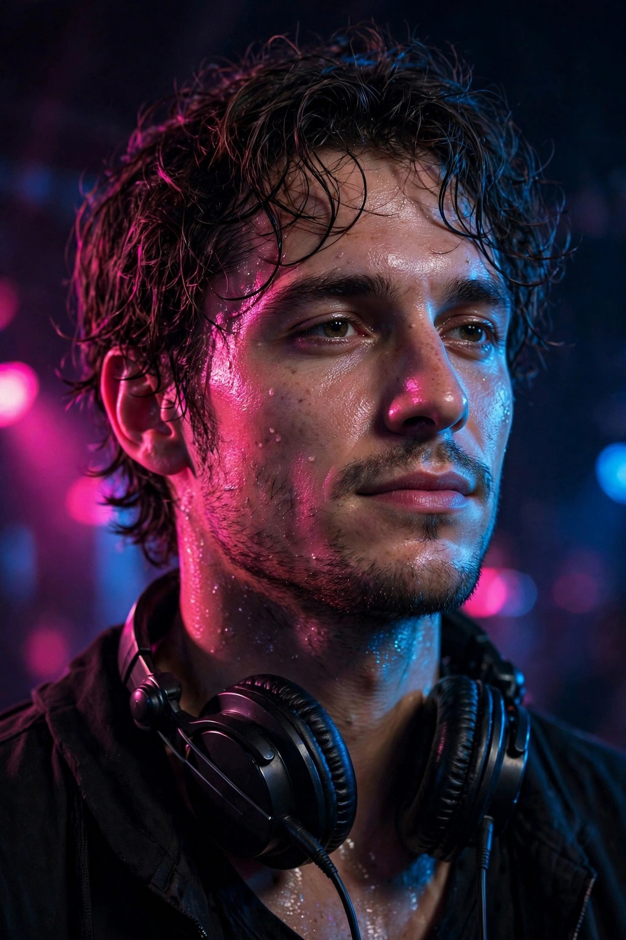 DJ portrait with headphones around the neck, neon reflections