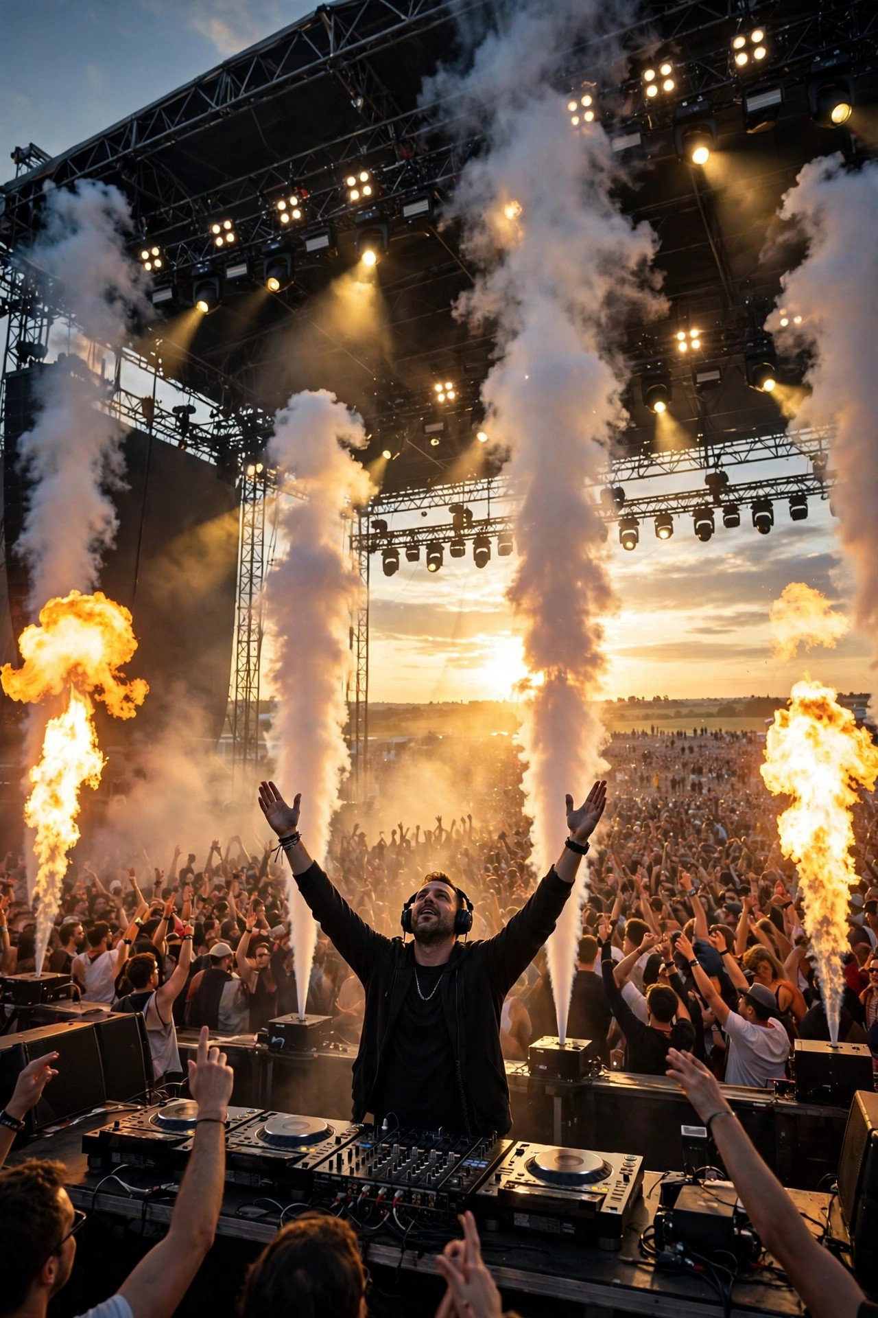 DJ with arms raised at the drop on a festival mainstage