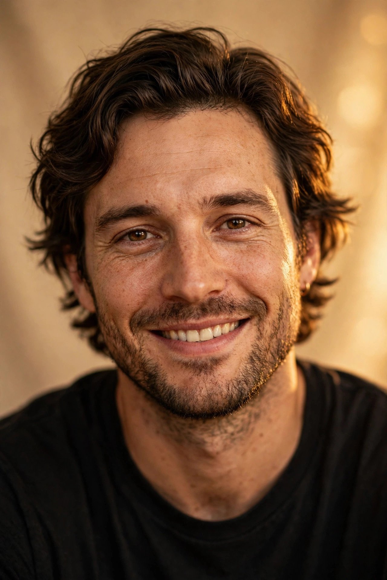 Warm editorial press headshot of a singer
