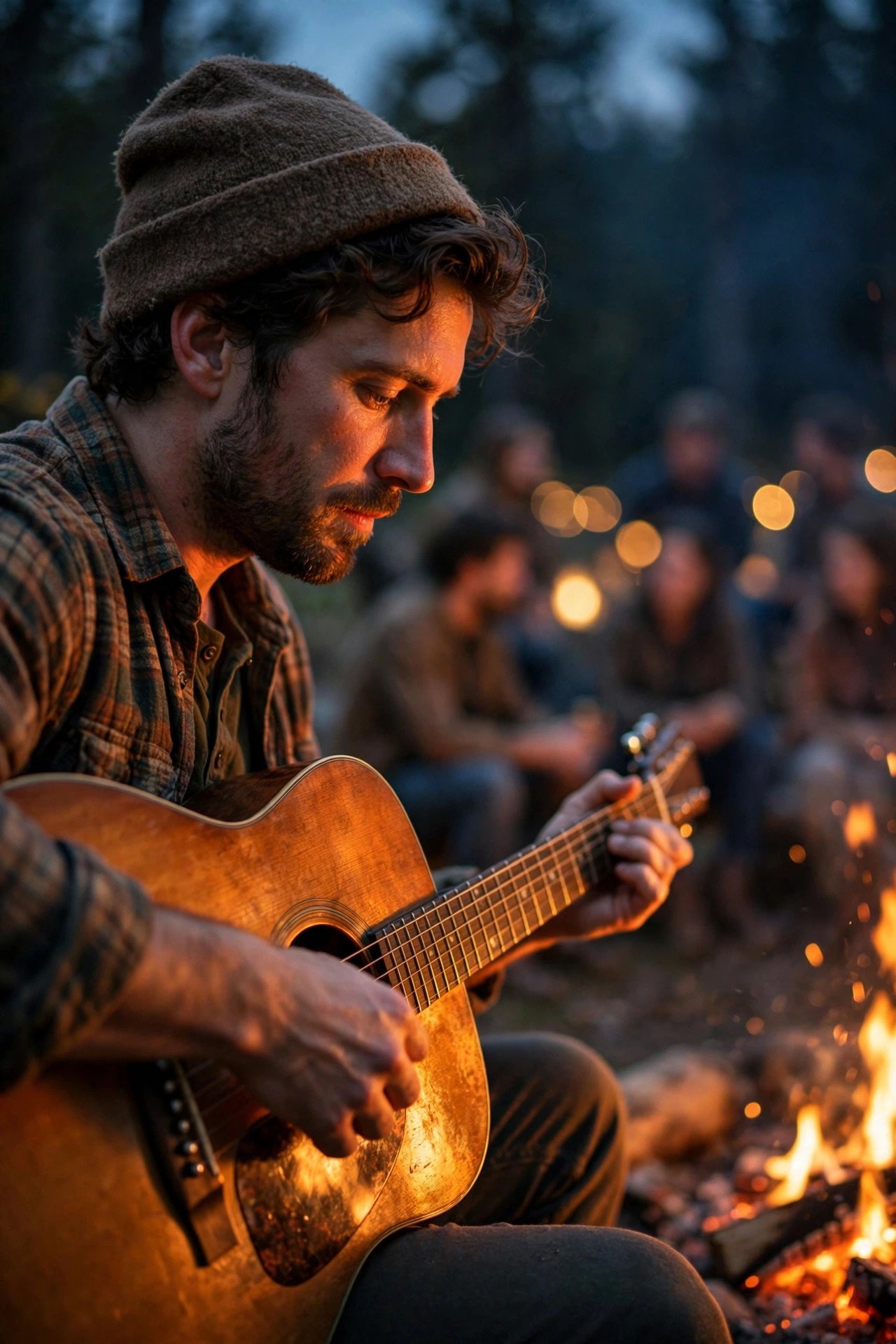 Folk musician playing guitar beside a campfire at dusk