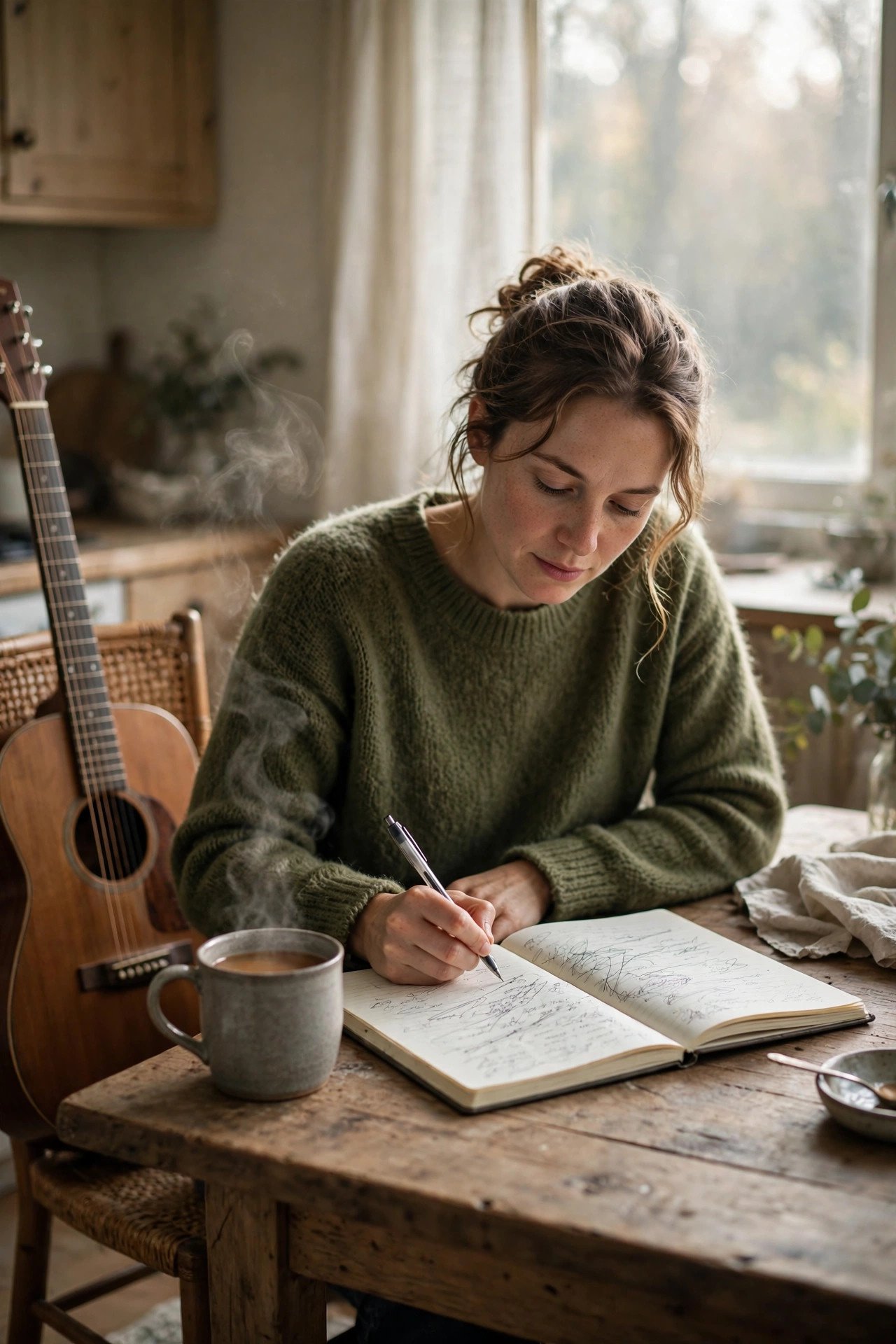 Folk musician writing a song at a kitchen table