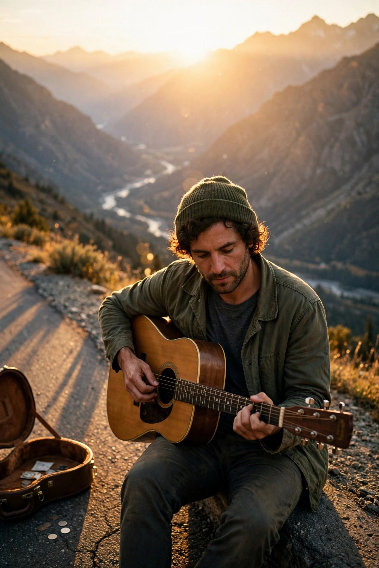 Street musician busking with a guitar on a mountain road
