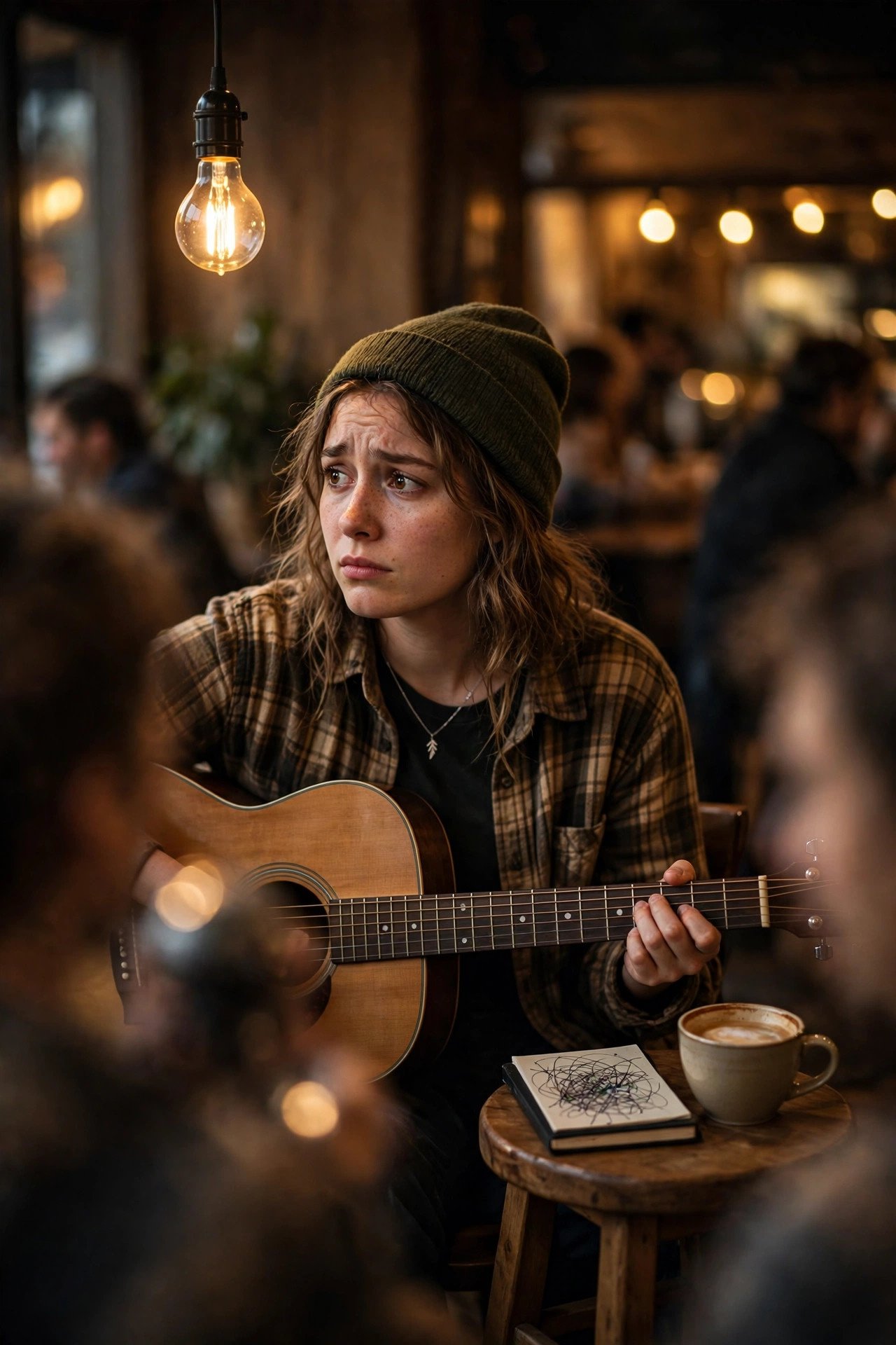 Folk singer at a small cafe open mic under a bare bulb