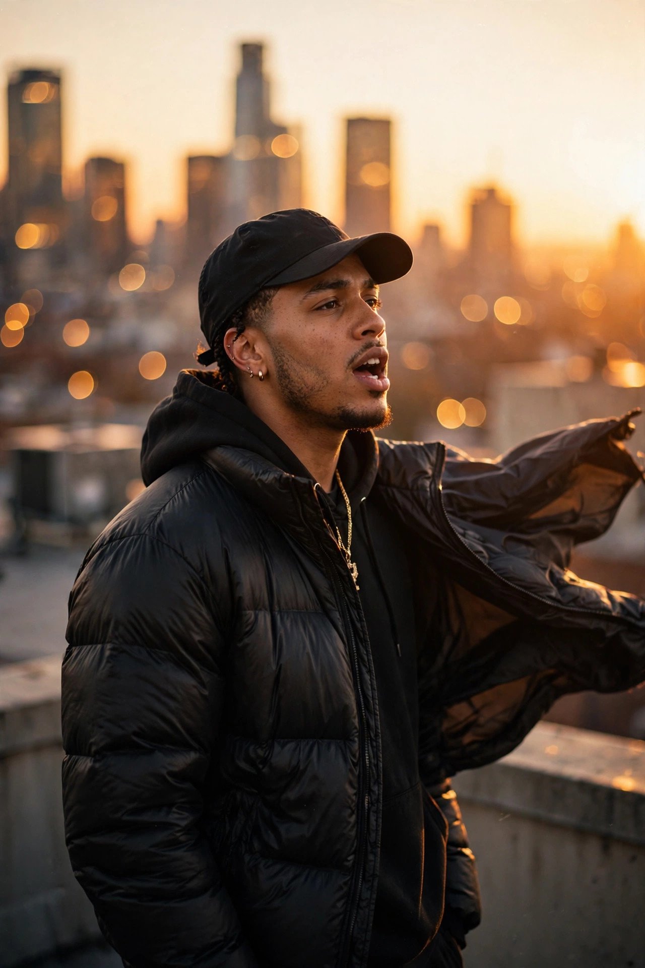 Rapper on a city rooftop at sunset