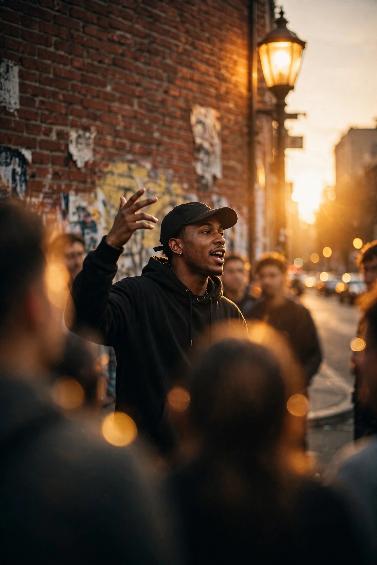 Freestyle cypher on a city street corner at dusk