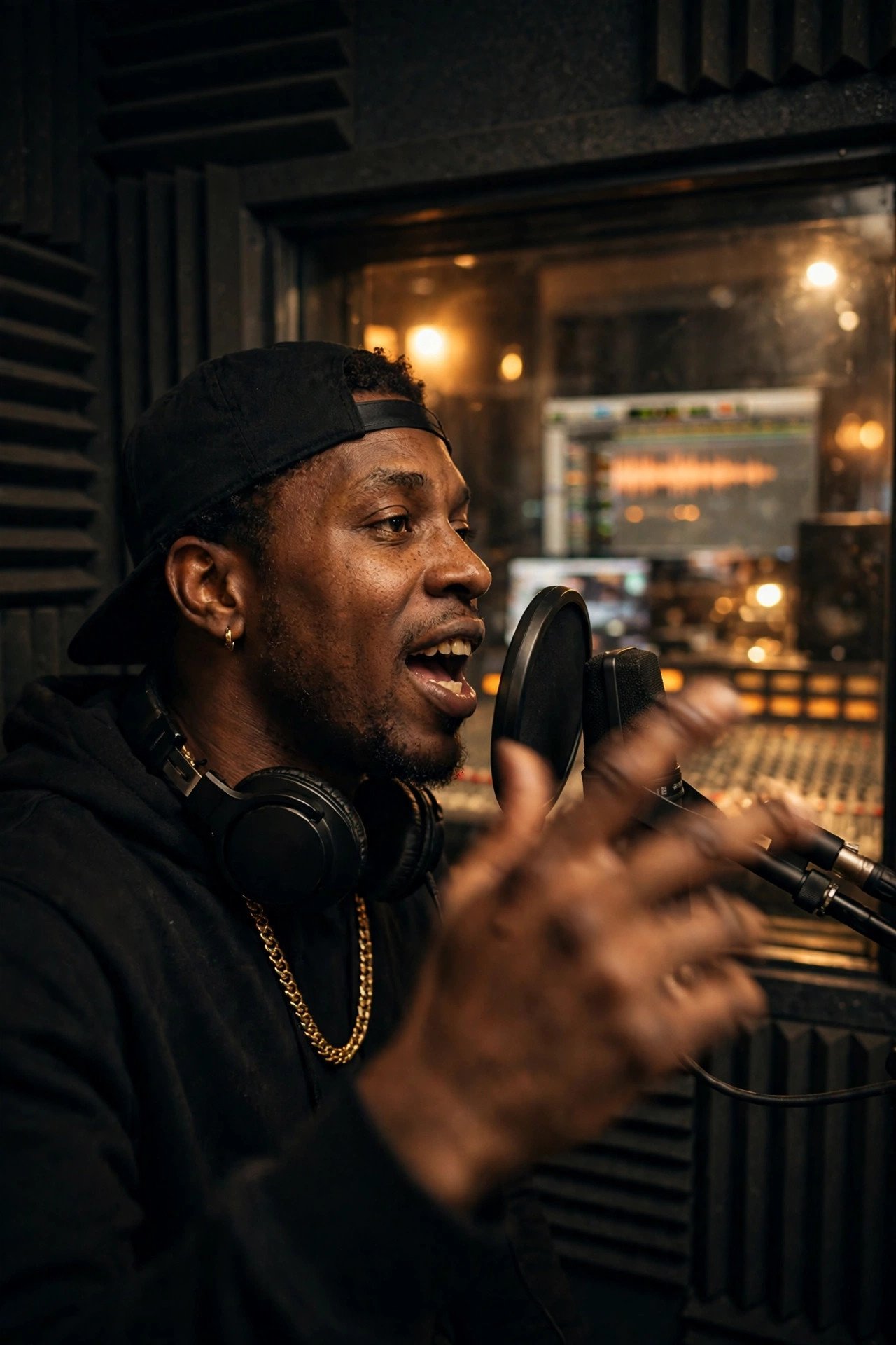 Rapper mid-verse inside a vocal booth