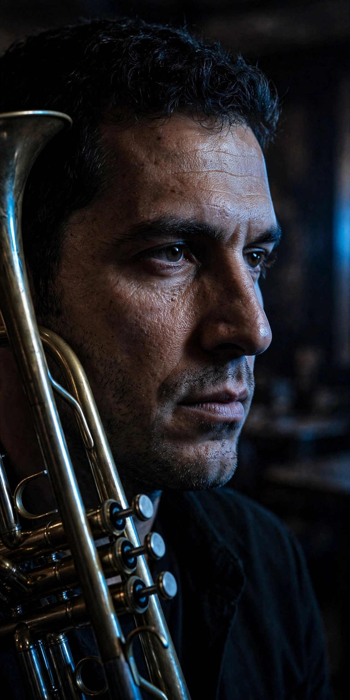 Trumpeter portrait in a dark club under cool blue side light