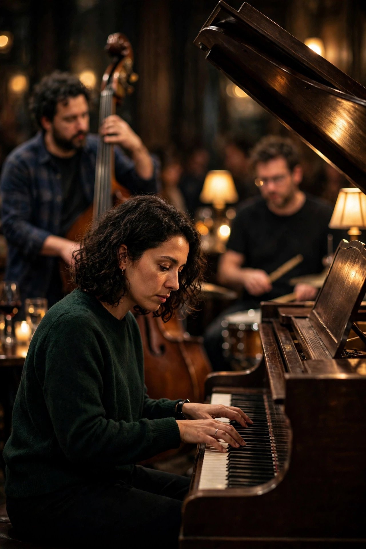 Jazz piano trio mid-set in a low-lit club