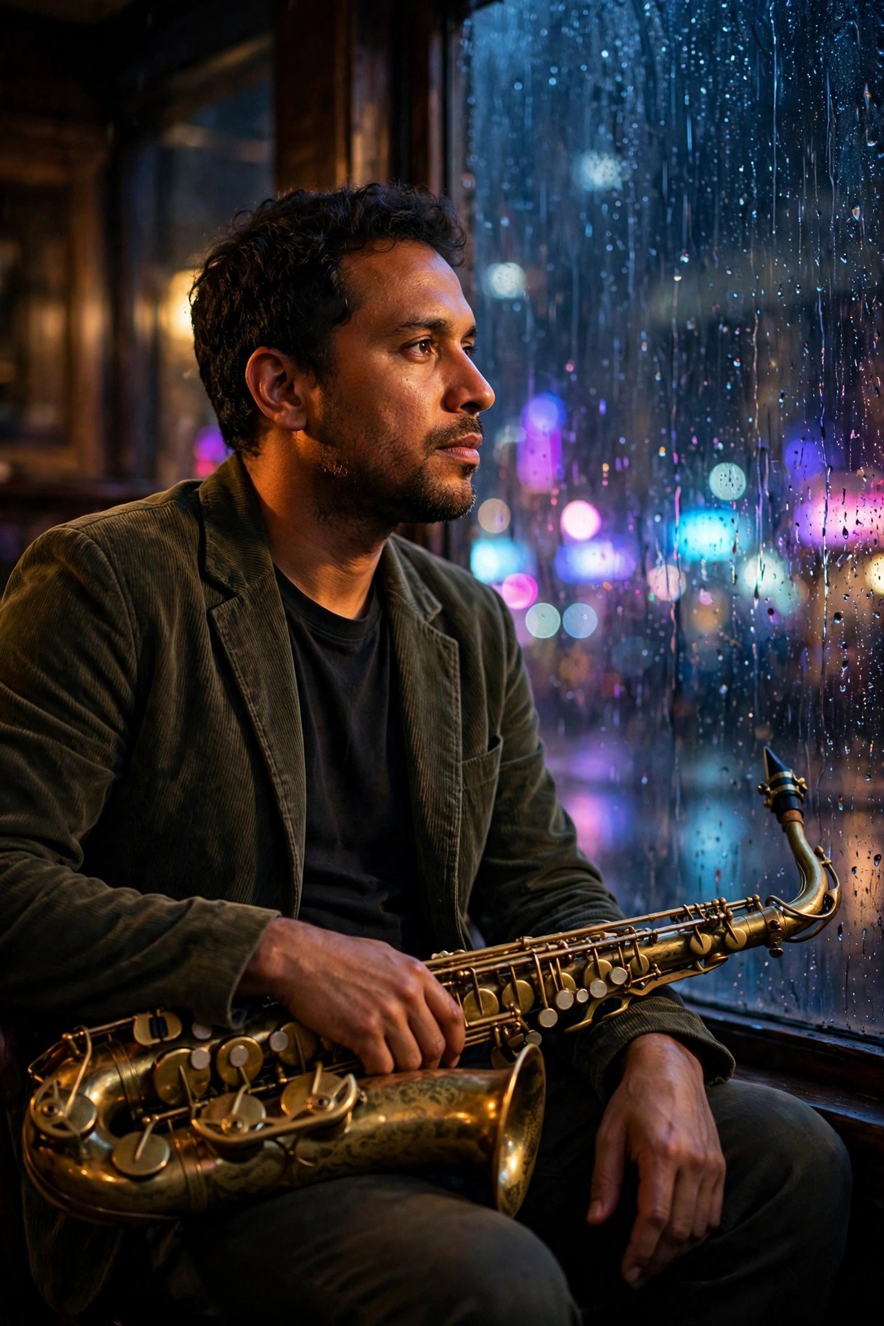 Jazz musician by a rainy club window at night