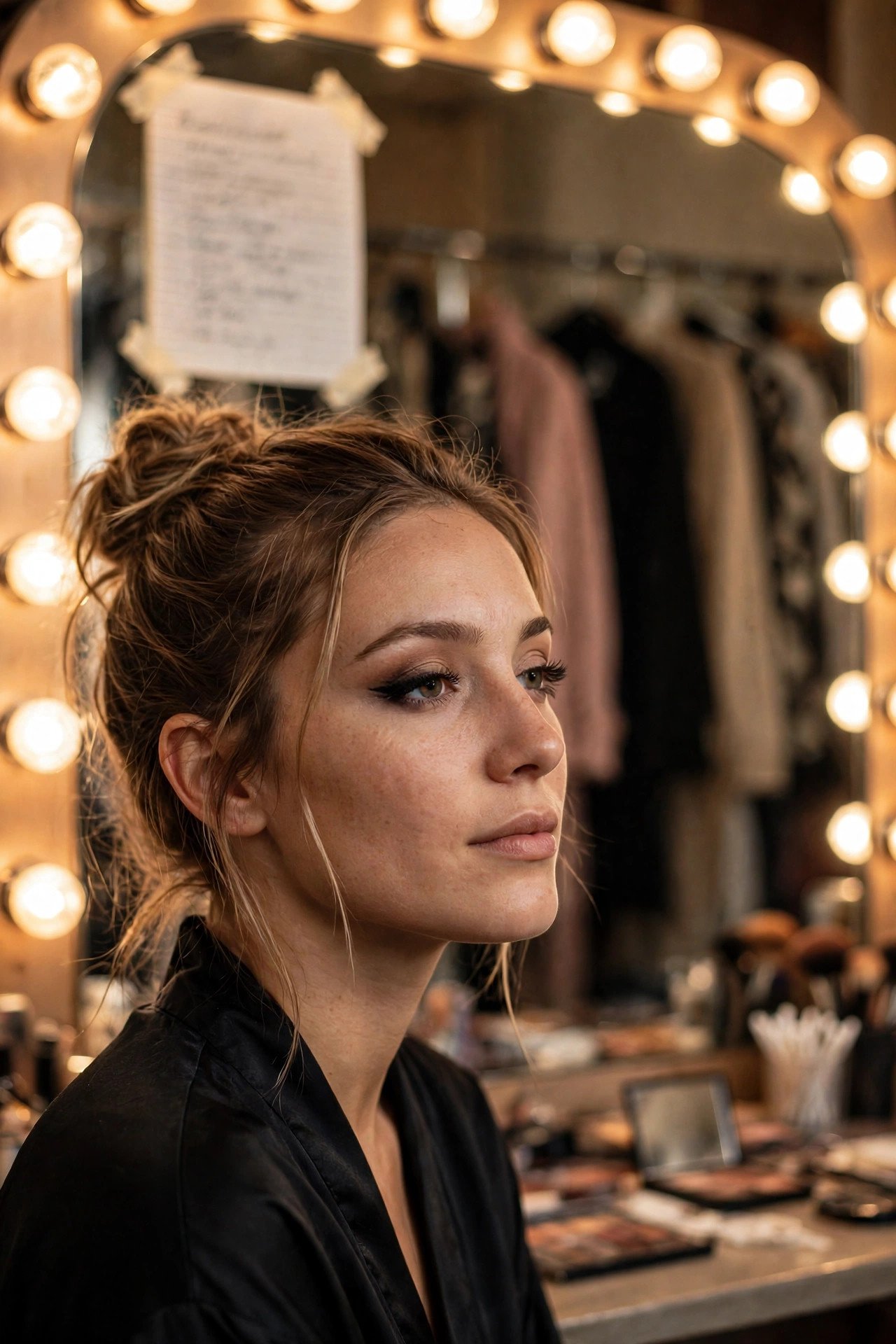 Pop singer at a backstage mirror ringed with bulbs