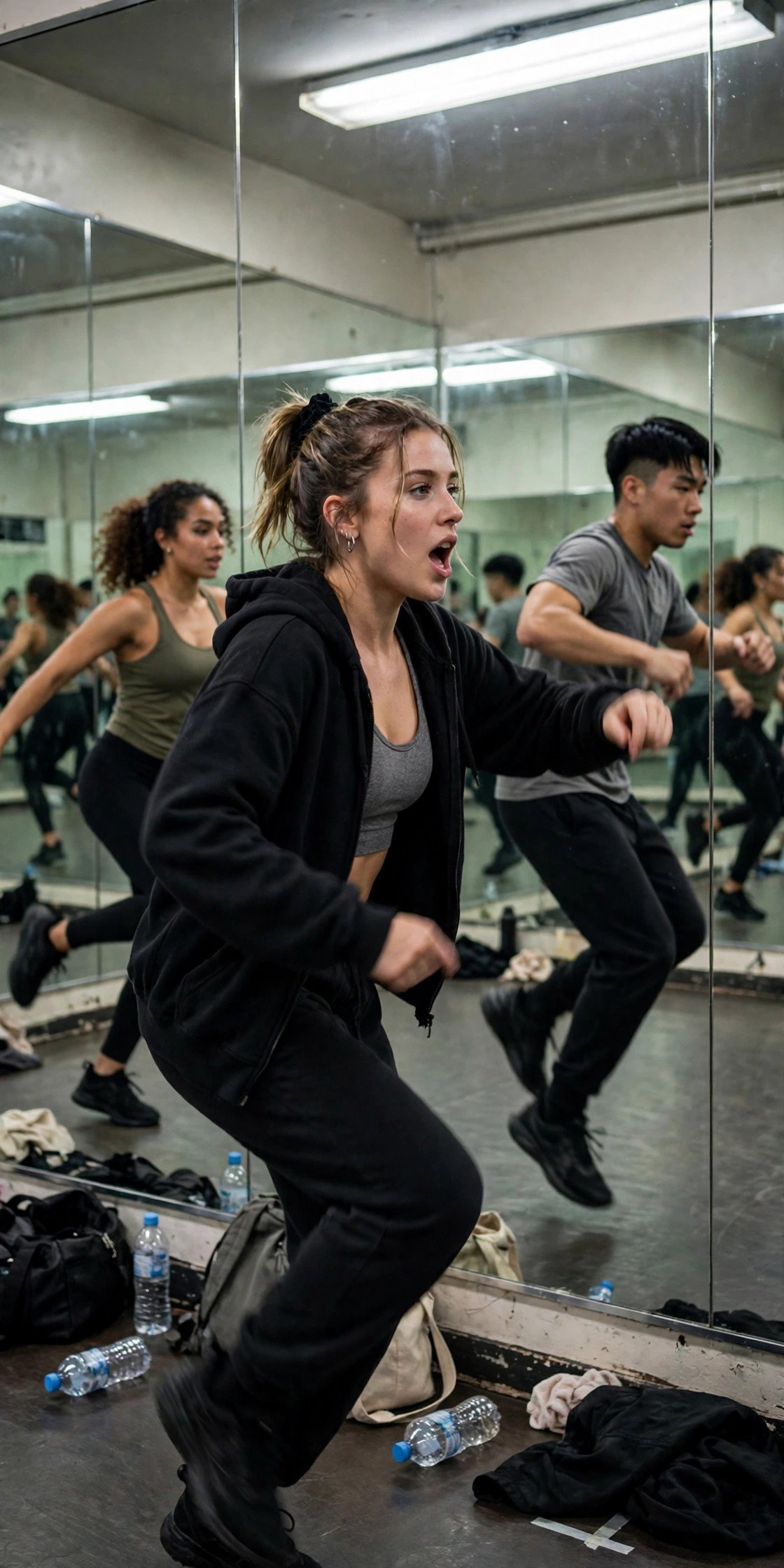 Pop singer and dancers rehearsing in a mirrored studio