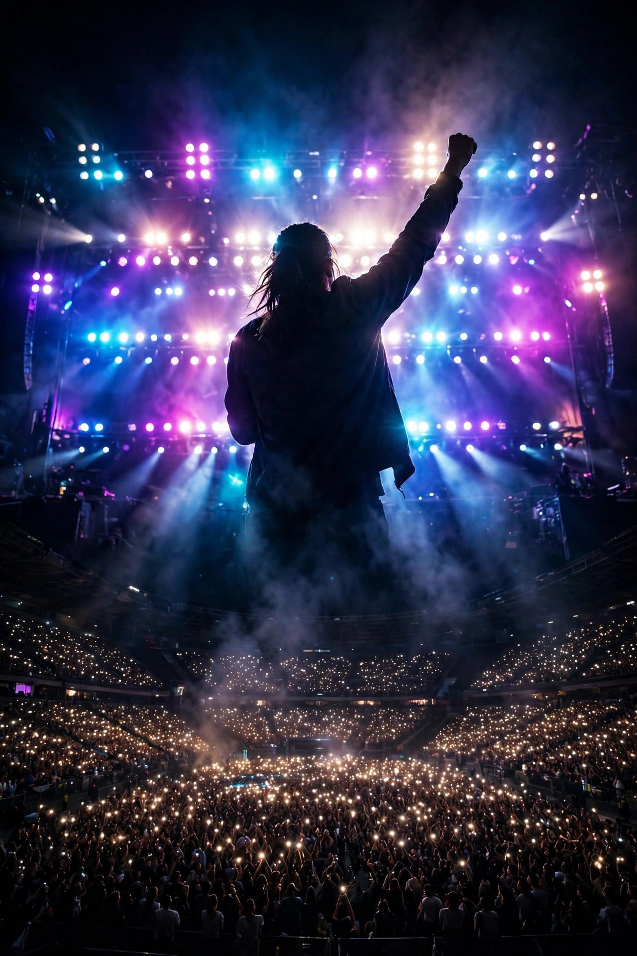 Pop star in silhouette before thousands of phone lights