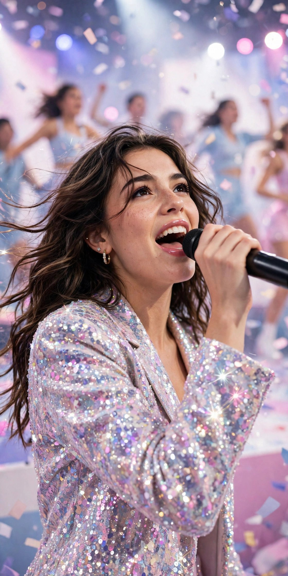 Pop singer mid-chorus at center stage, dancers blurred behind