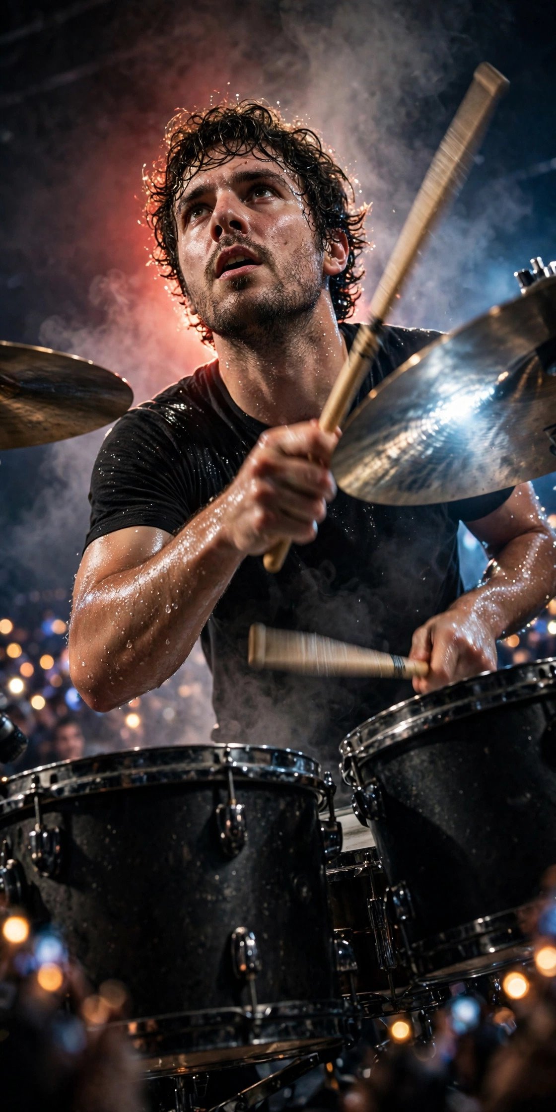 Rock drummer mid-hit viewed over the drum kit