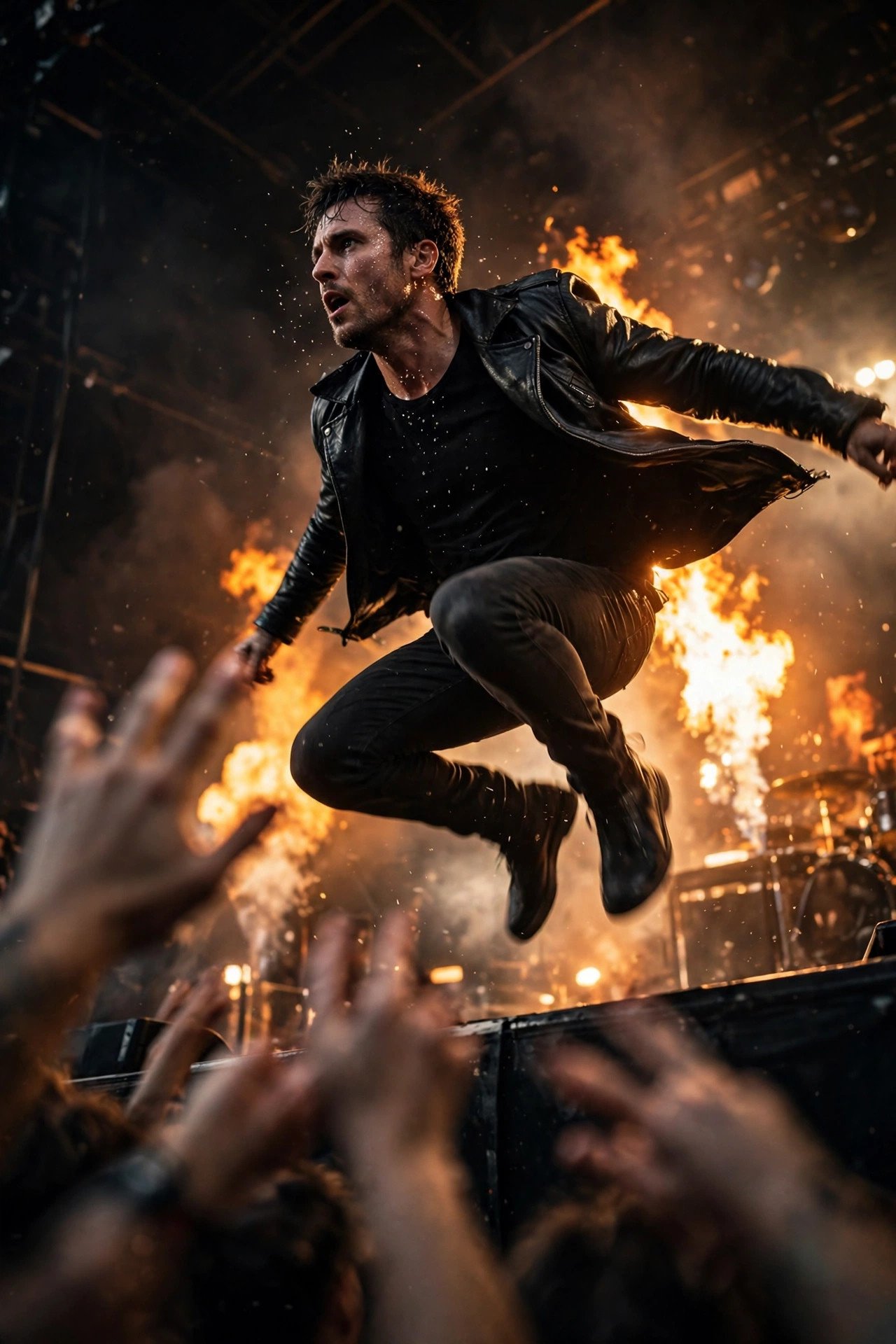Rock vocalist mid-jump in a stage pit, crowd hands in foreground