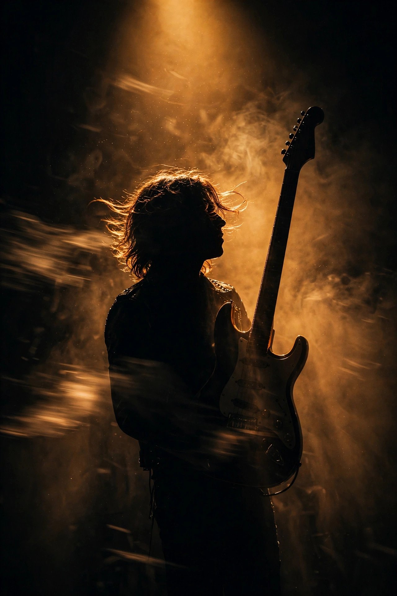 Metal guitarist in silhouette inside thick stage smoke