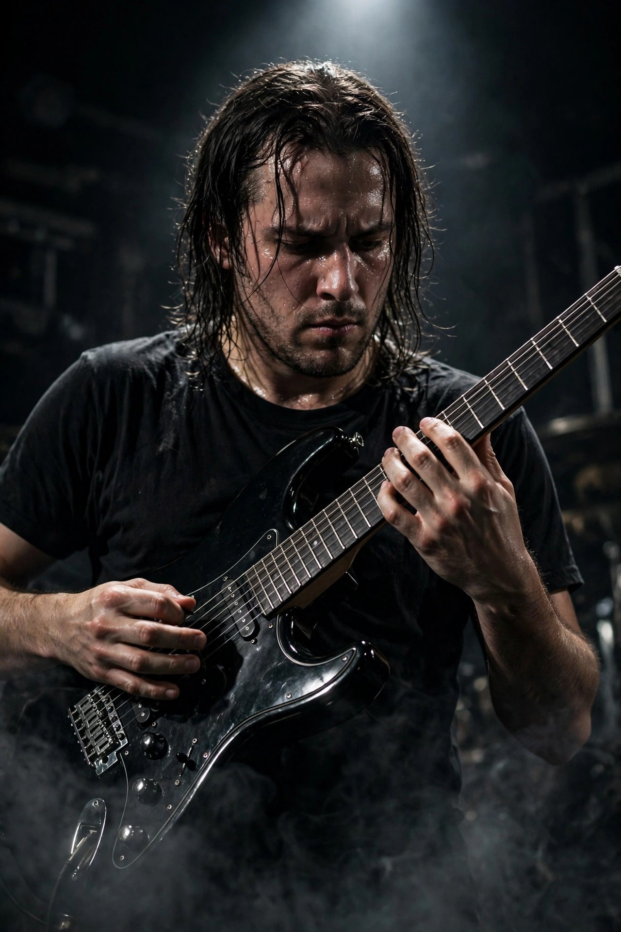Metal guitarist mid-solo under a single spotlight, sweat on his face