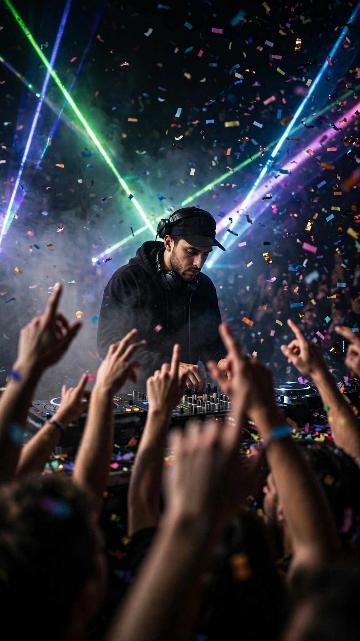 DJ with crowd hands reaching up, laser light through haze