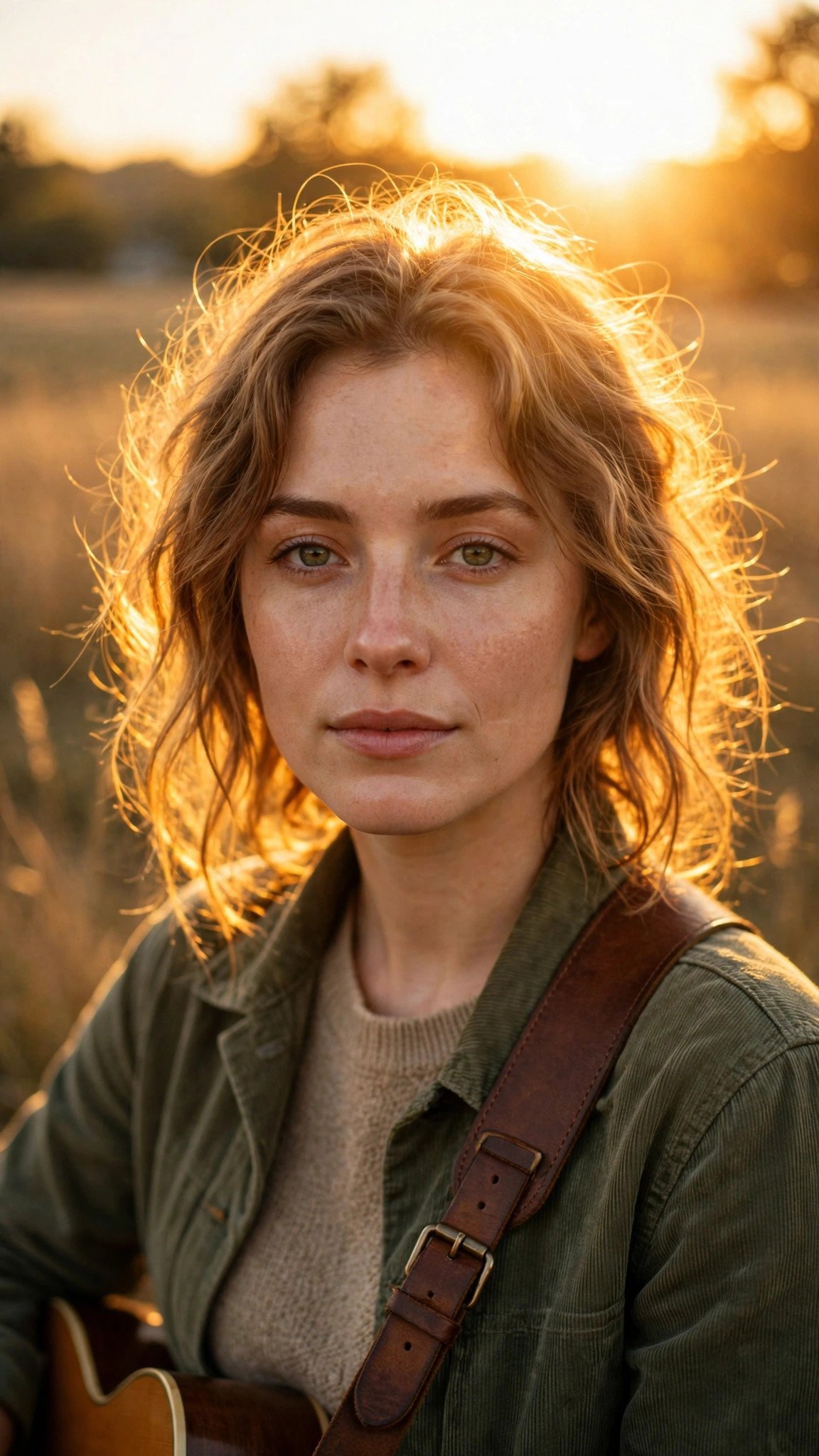 Folk singer at golden hour, guitar strap over shoulder