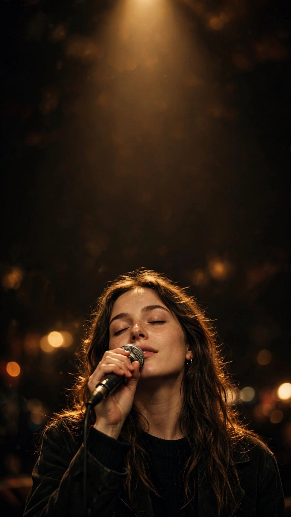Vocalist holding a microphone close, eyes closed