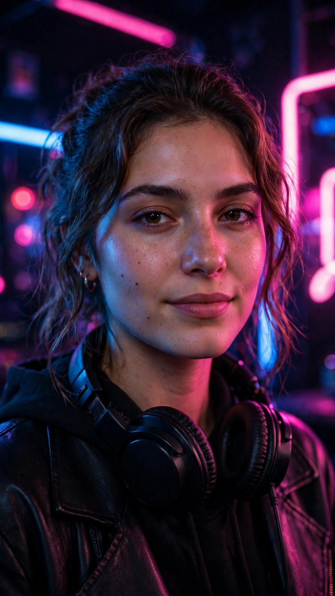 Singer in a neon studio, headphones around the neck