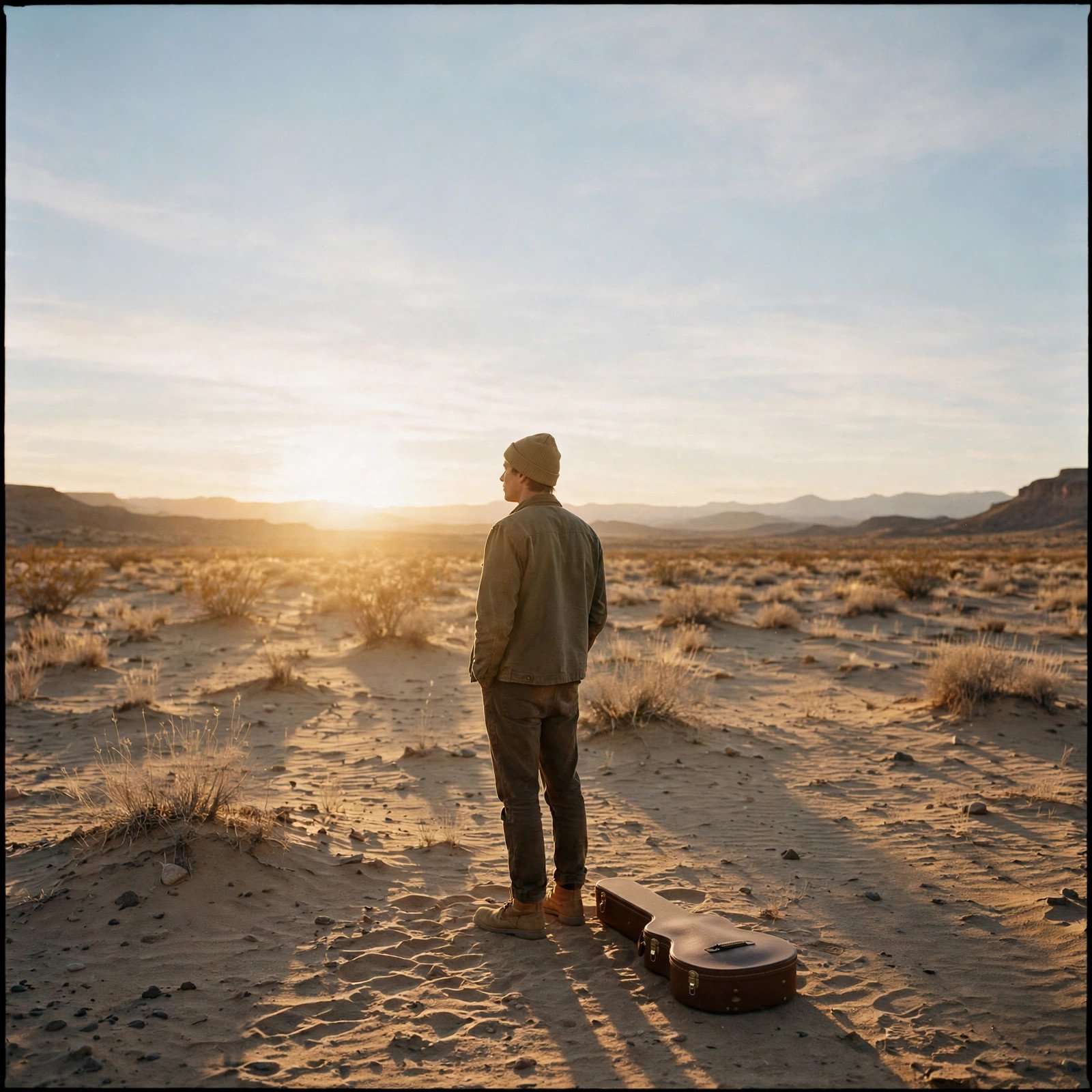 Lone artist standing in a desert at golden hour