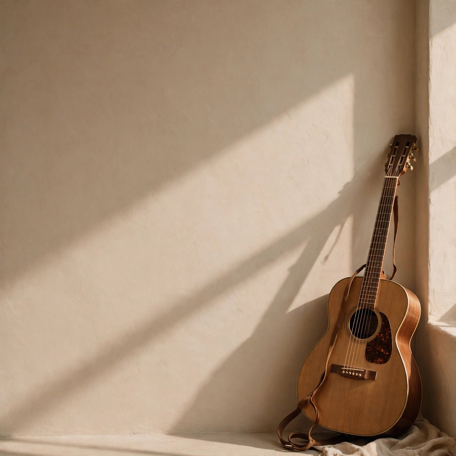 Single acoustic guitar leaning against a plain warm wall