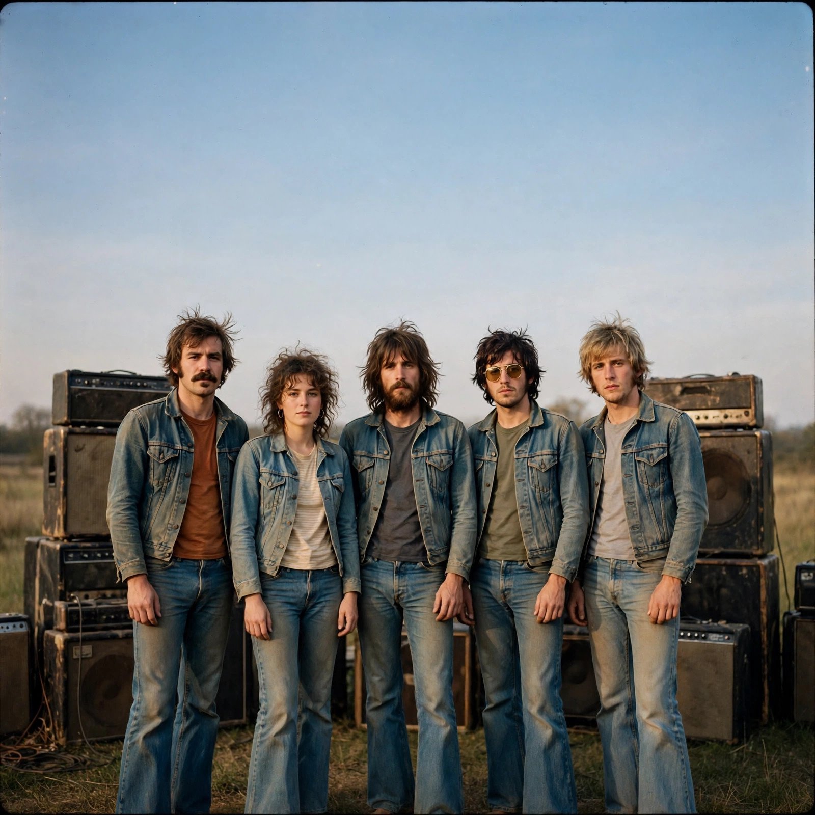 Full band in 1970s style against a dusty road