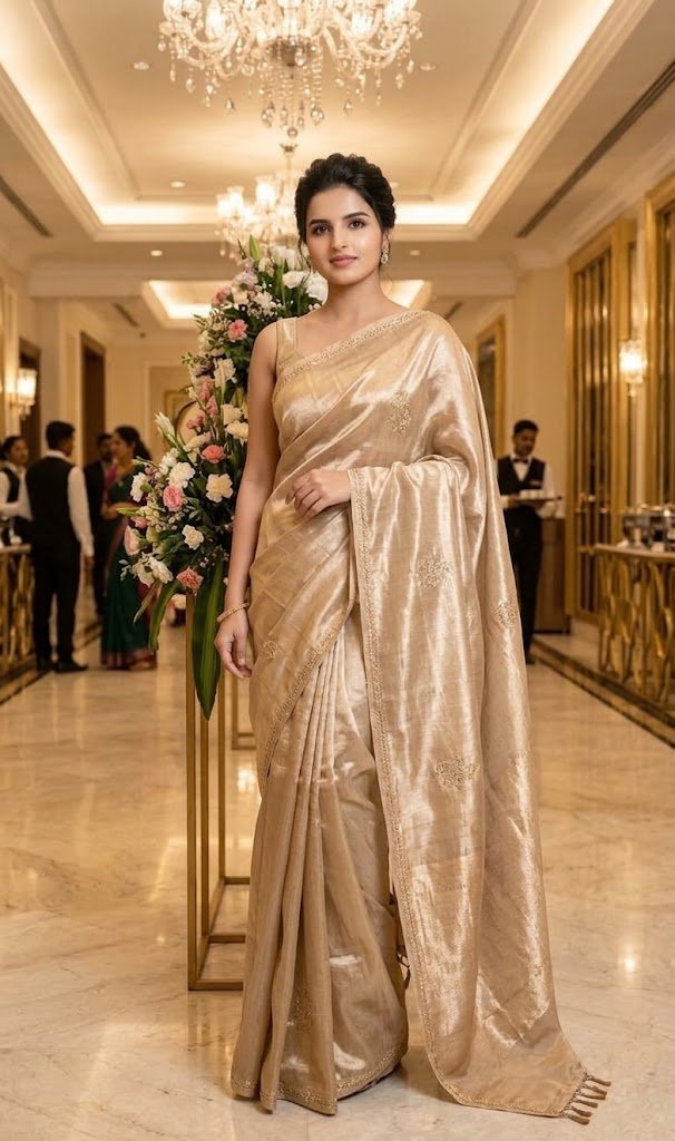 Champagne Tissue Saree — Luxury Evening Glamour