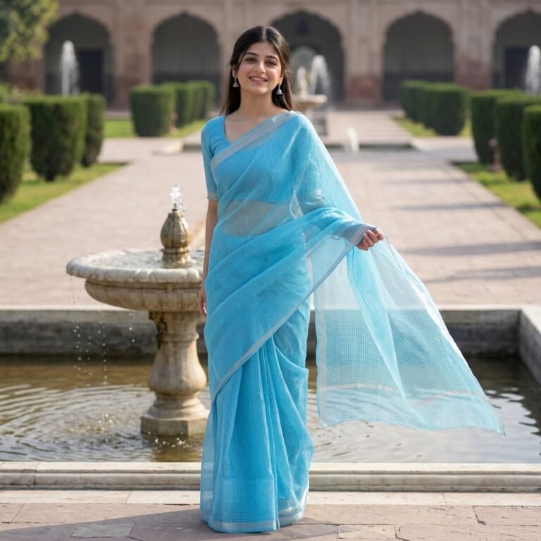 Sky Blue Kota Doria Saree — Airy Summer Look